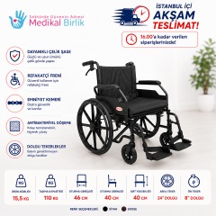 Poylin P100S Ekonomik Tekerlekli Sandalye | Katlanabilir Çelik Gövde ve Refakatçi Frenli