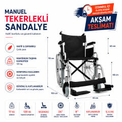 P111 Standart Manuel Tekerlekli Sandalye | Hareketli Kolçak, Çıkarılabilir Ayaklık ve Dayanıklı Çelik Gövde