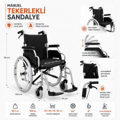 P120 Özellikli Manuel Tekerlekli Sandalye | 40 cm Oturma Genişliği, Refakatçi Frenli ve Katlanabilir Çelik Şase