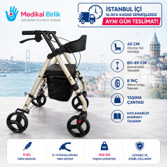 Poylin P581 Ekonomik Dört Tekerlekli Rollator | Katlanabilir Yürüteç | Oturma Tablalı ve Sepetli Şampanya renk
