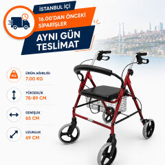 Poylin P580 Ekonomik Rollator | Dört Tekerlekli Frenli Yürüme Desteği | Oturma Tablalı ve Sepetli