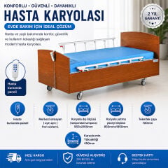 2 Motorlu Ahşap Hasta Karyolası | Elektrikli Kumandalı, Alüminyum Korkuluklu Hasta Yatağı 90x190 cm