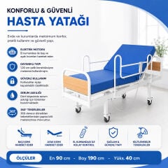 2 Motorlu Ekonomik Hasta Karyolası 4 Parçalı Yataklı | Elektrikli Kumandalı Hasta Yatağı