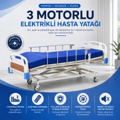 3 Motorlu Tabanca Korkuluklu Hasta Karyolası | Elektrikli Asansörlü ABS Başlıklı Hasta Yatağı 90x190 cm